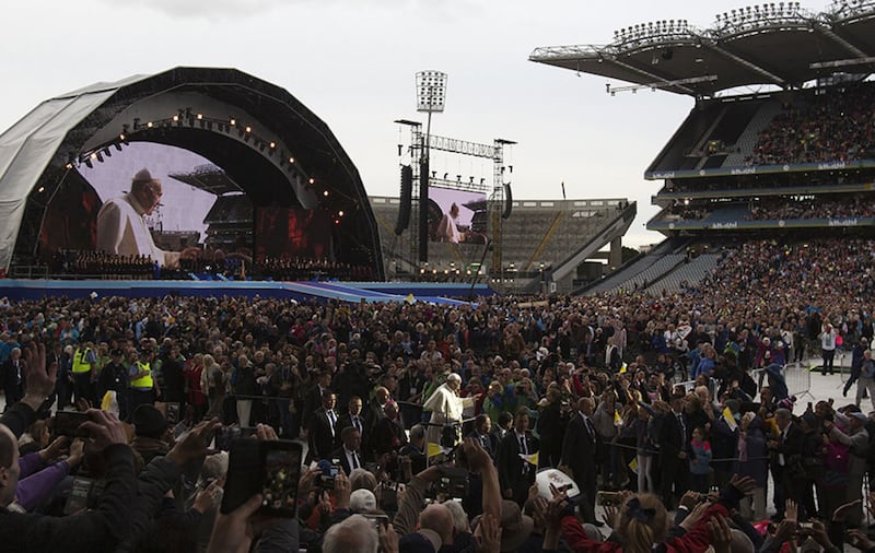 Pope Francis speaks to the audience at Croke Park Stadium in Dublin, during the Festival of Families event, as part of his visit to the Republic&nbsp;