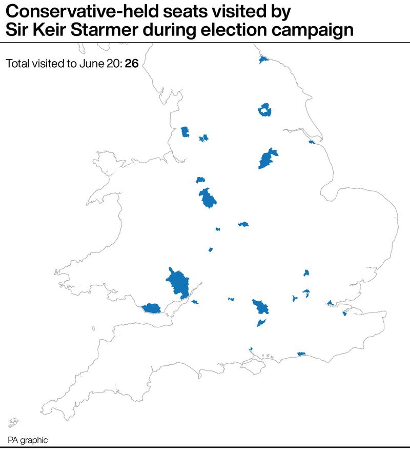 Conservative-held seats visited by Sir Keir Starmer during the election campaign