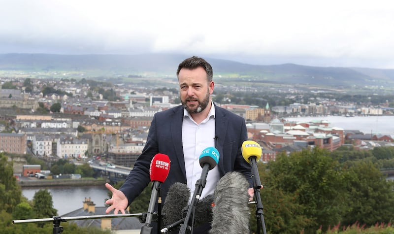 Outgoing SDLP leader Colum Eastwood at a press conference in Derry after stepping down as party leader on Thursday. Picture Margaret McLaughlin  29-8-2024