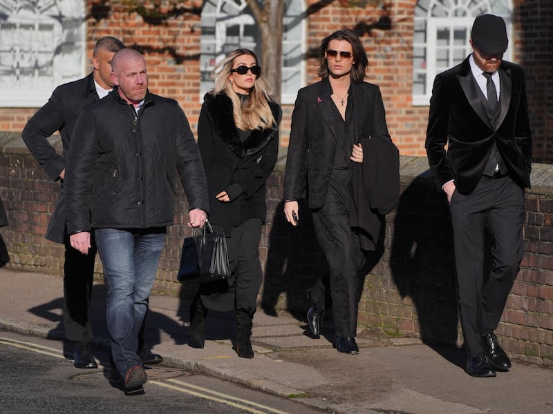 Kate Cassidy and Damian Hurley (second right) arrives for the funeral service of One Direction singer Liam Payne at St Mary’s Church in Amersham, Buckinghamshire