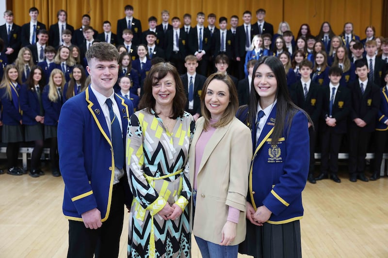 Amy Adair-McCourt and Charlotte Weir pictured with head girl Amy French and head boy Joel O'Rourke