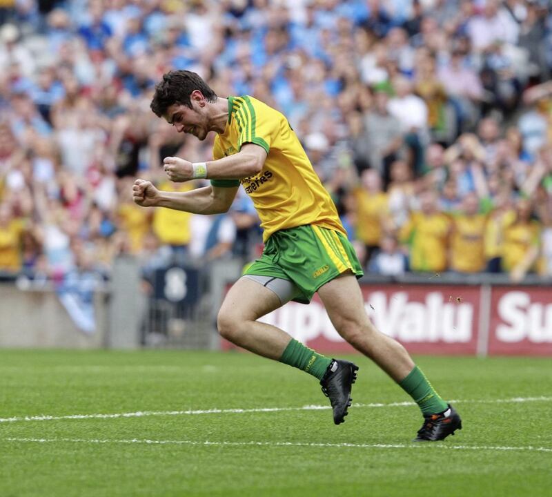 Ryan McHugh wheels away in delight after scoring a goal as Donegal shock Dublin in the 2014 All-Ireland semi-final 
