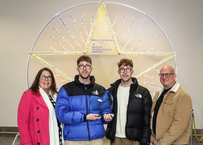 Daniel Wiffen, the 2024 BBC Northern Ireland Sports Personality of the Year, second left, and his twin brother Nathan, second right, with their parents Rachel and Jonathan.