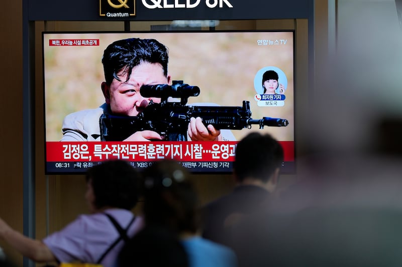 A TV screen shows an image of North Korean leader Kim Jong Un during a news programme at the Seoul Railway Station in Seoul, South Korea (Lee Jin-man/AP)