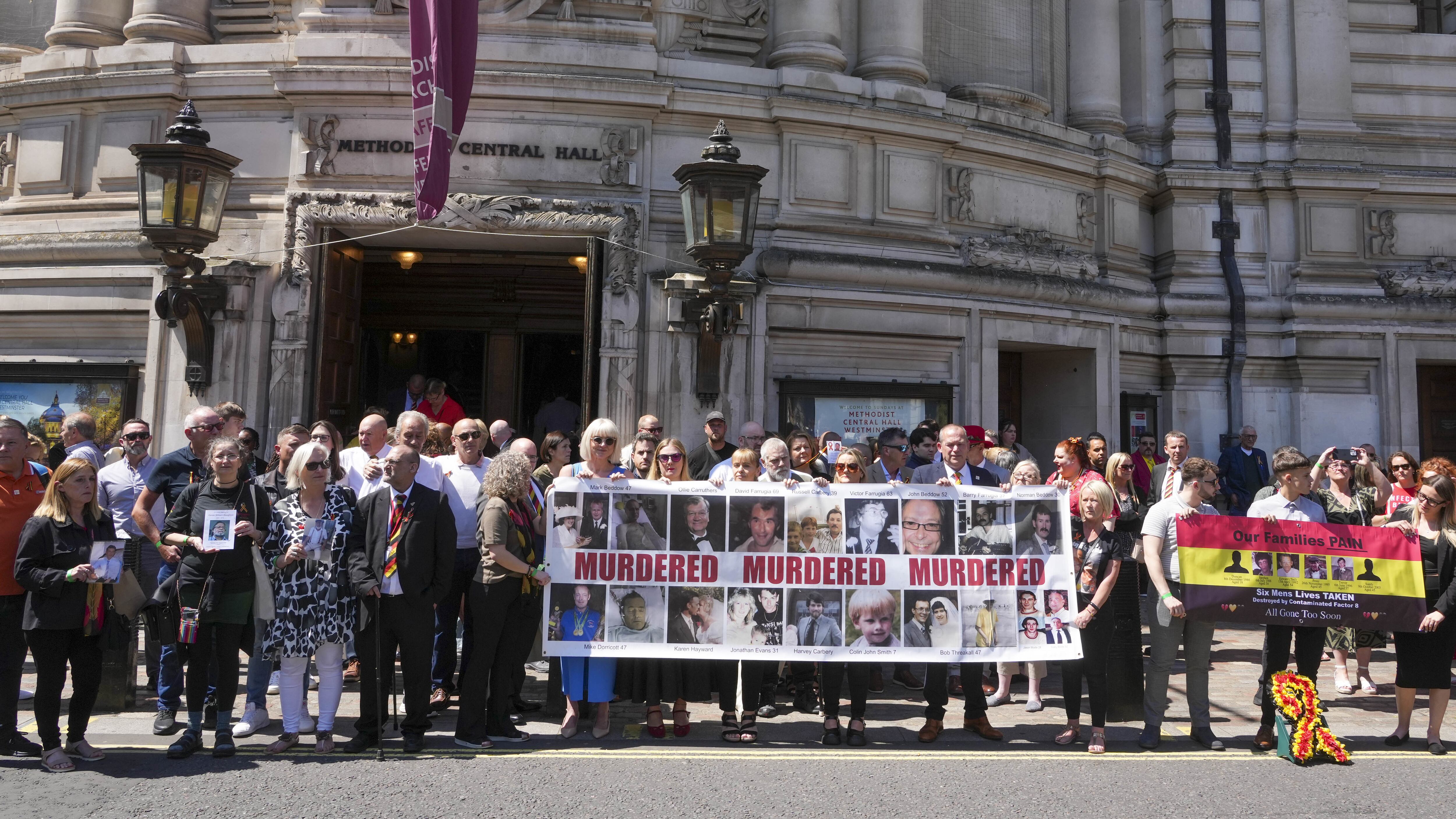 Victims and campaigners outside Central Hall in Westminster