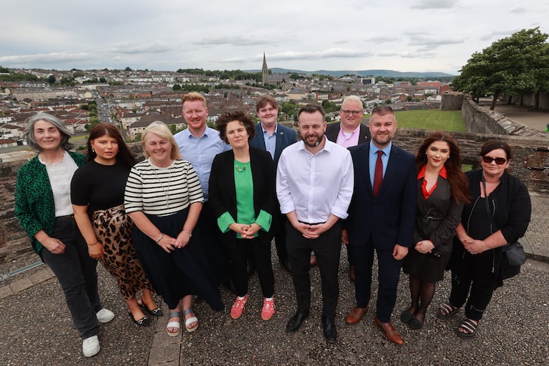 SDLP Westminster candidate for South Belfast Claire Hanna (centre left) and SDLP Leader Colum Eastwood (centre right) after his party’s manifesto launch, standing with SDLP Westminster candidates at the Derry Walls in Derry City