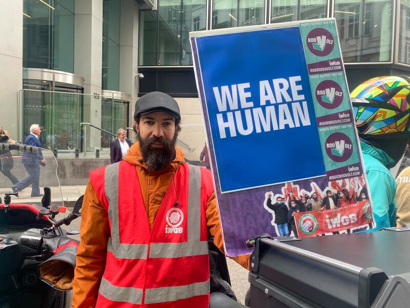 Celestino Pereira, 41, who has worked for Deliveroo for five years at the protest.