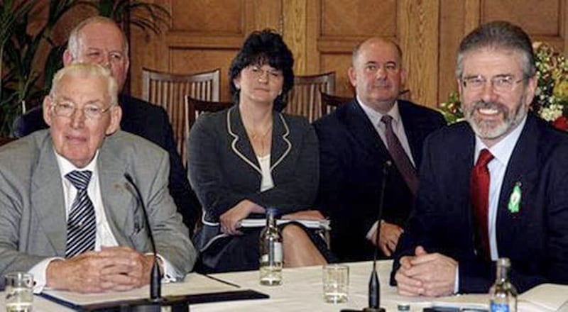 Ian Paisley and Gerry Adams on May 8, 2007 as power sharing is restored 