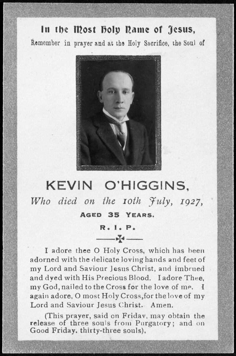 A memorial prayer card for Kevin O'Higgins; if "said on Friday, may obtain the release of three souls from Purgatory; and on Good Friday, thirty-three souls". (Courtesy of the National Library of Ireland)
