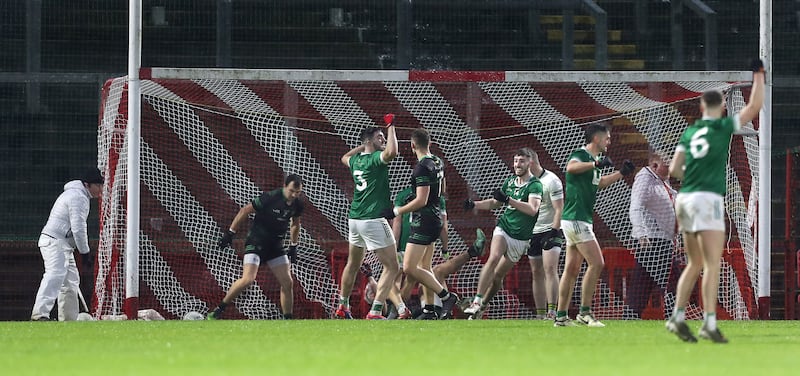 Newbridge's Shane McGrogan 14 celebrates a late goal against Glen in the Derry SFC final at Celtic Park