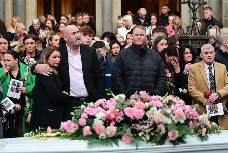 Chloe Ferris's parents Sharon and Declan at the the 24-year-old's funeral at St Paul's Church in Belfast on Thursday. PIC: Arthur Allison/Pacemaker Press