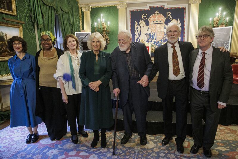 Camilla with (left to right) poet Sinead Morrissey, Jamaican poet Raquel McKee, actor Frances Tomelty, contemporary poet Micheal Longley, actor Ian McElhinney and poet Paul Muldoon