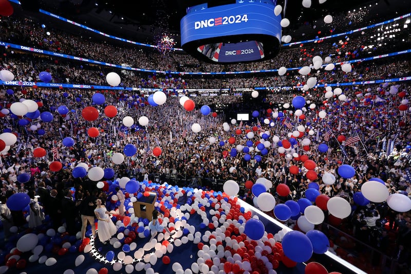 Balloons are released after Democratic presidential nominee Vice President Kamala Harris spoke on the final day of the Democratic National Convention (Mike Segar/Pool/AP)