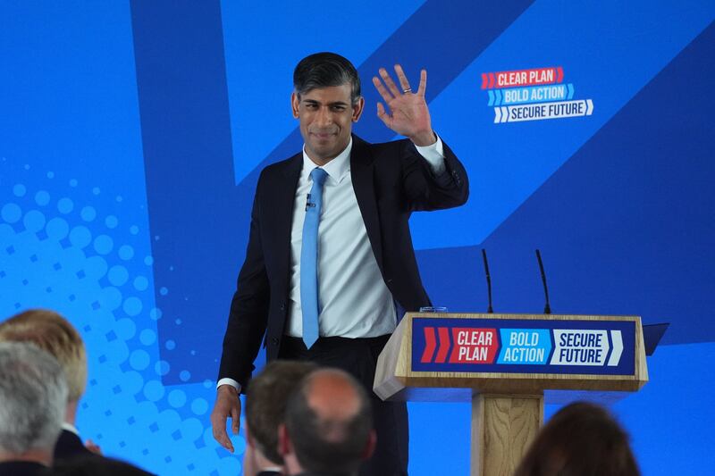 Prime Minister Rishi Sunak after launching the Conservative Party General Election manifesto at Silverstone in Towcester, Northamptonshire on Tuesday