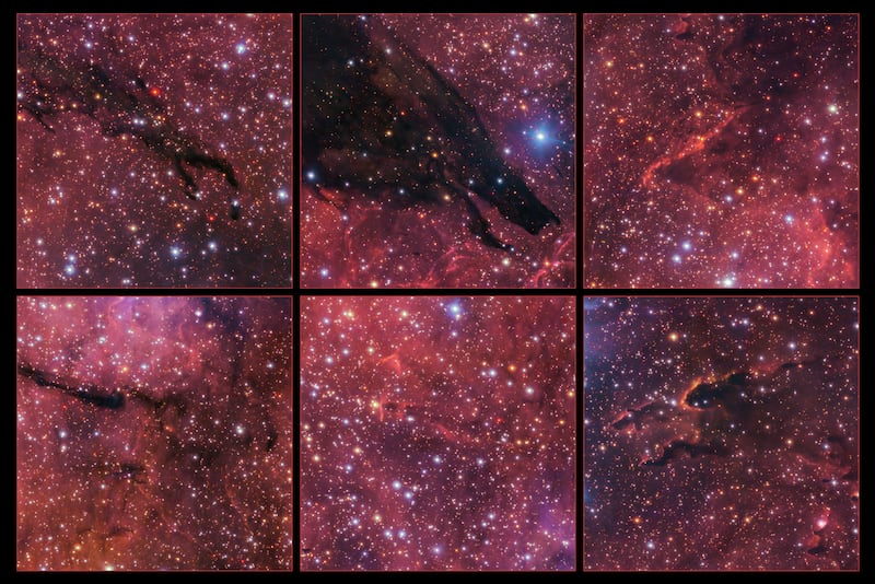 Collage highlighting some details within the huge Dark Wolf Nebula (ESO/VPHAS+team)