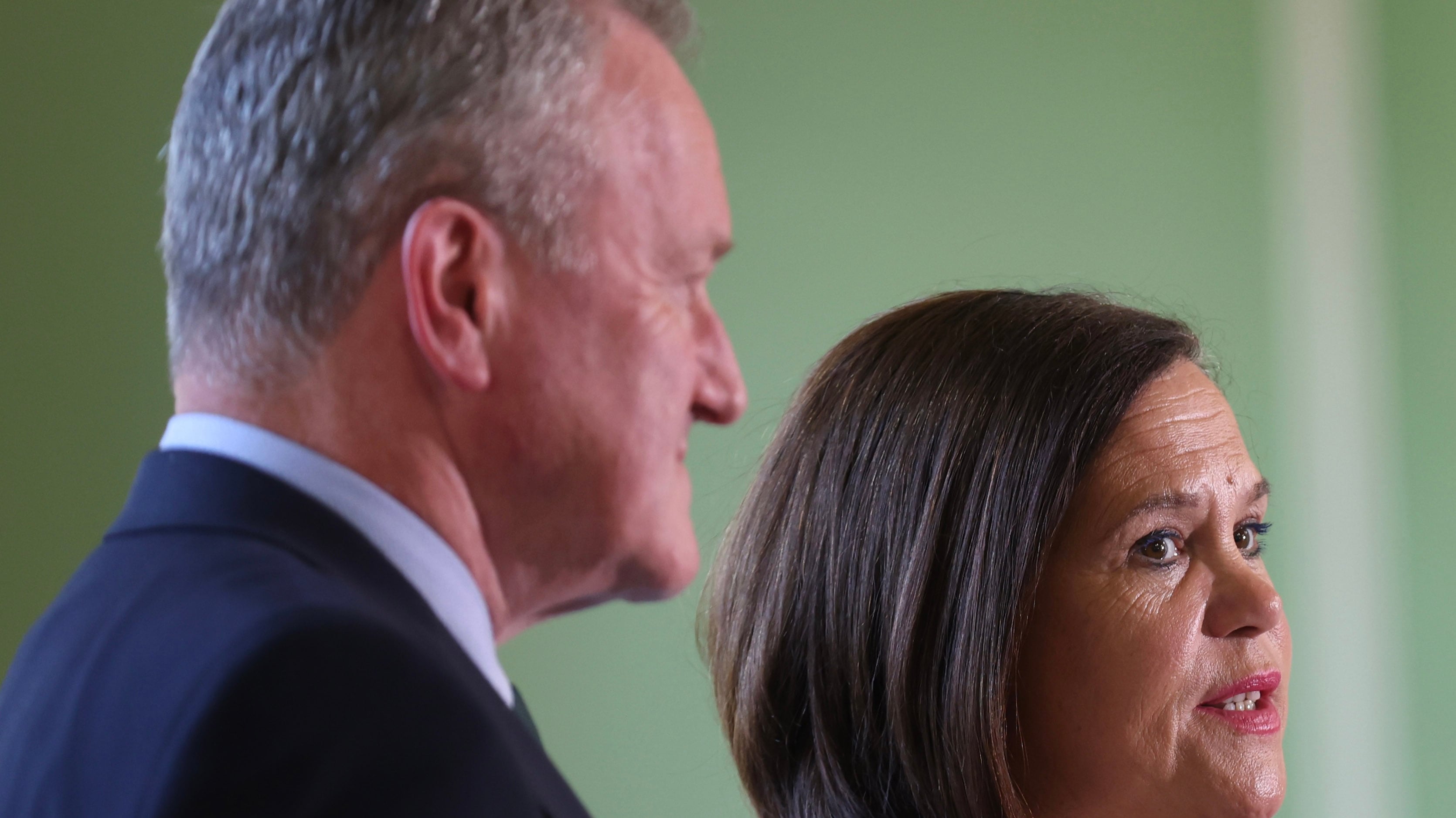Sinn Fein’s Mary Lou McDonald and Conor Murphy speak during the party  Manifesto launch in Belfast on Wednesday.
PICTURE COLM LENAGHAN