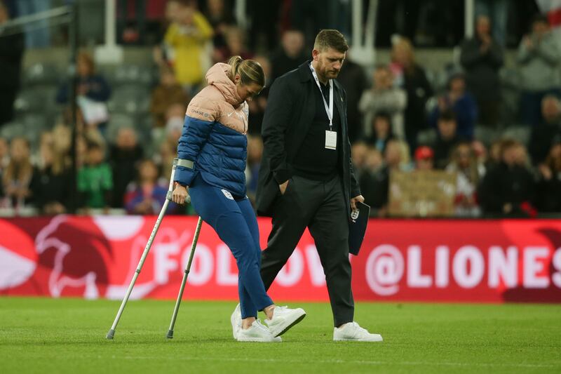 England goalkeeper Mary Earp on crutches at St James’ Park