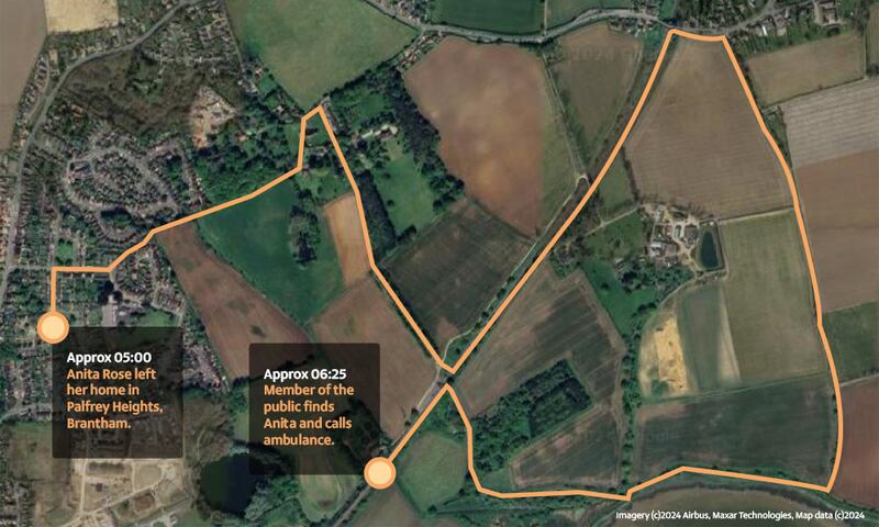 The route that Anita Rose walked (Suffolk Police)