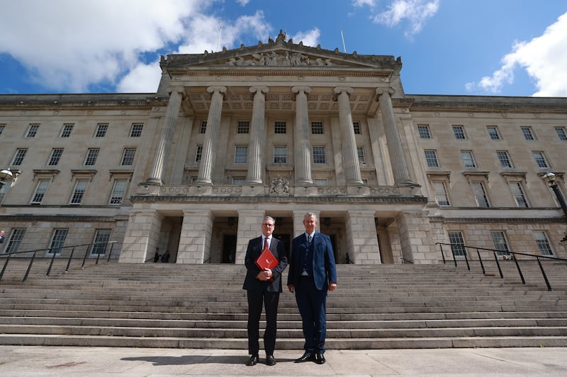 Prime Minister Sir Keir Starmer (left) with Edwin Poots, Speaker of the Northern Ireland Assembly, at Parliament Buildings at Stormont