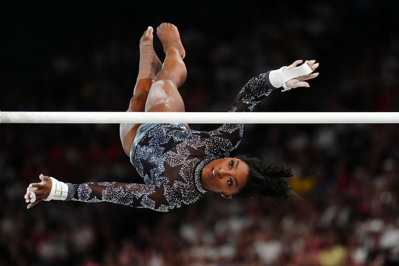 Biles triumphed on the uneven bars during the Artistic Gymnastics