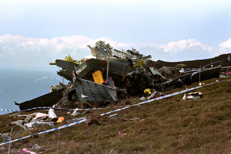 The wreckage of the Chinook helicopter which crashed on the Mull of Kintyre