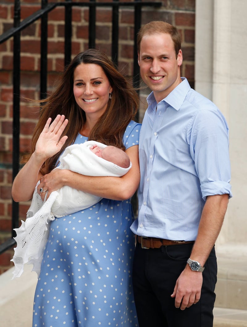 William and Kate, then the Duke and Duchess of Cambridge, leave the Lindo Wing of St Mary’s Hospital in London, with newborn Prince George in 2013