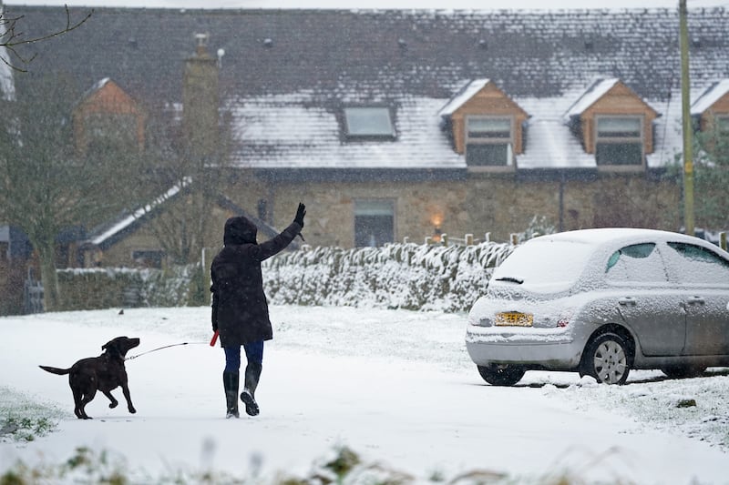 A woman walks her dog through the snow at Slayley in Northumberland