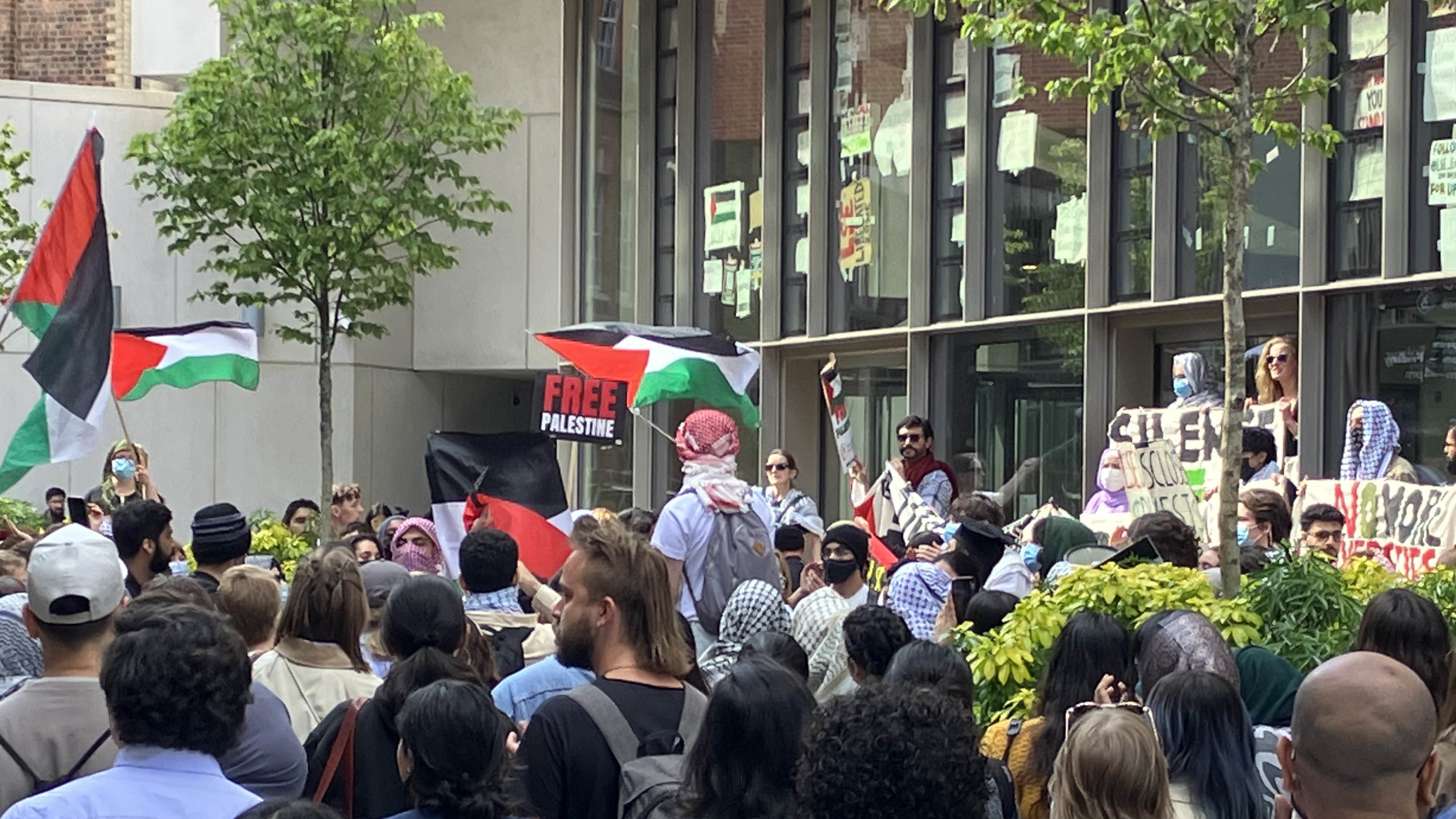Pro Palestine protesters outside the Marshall building at the London School of Economics on June