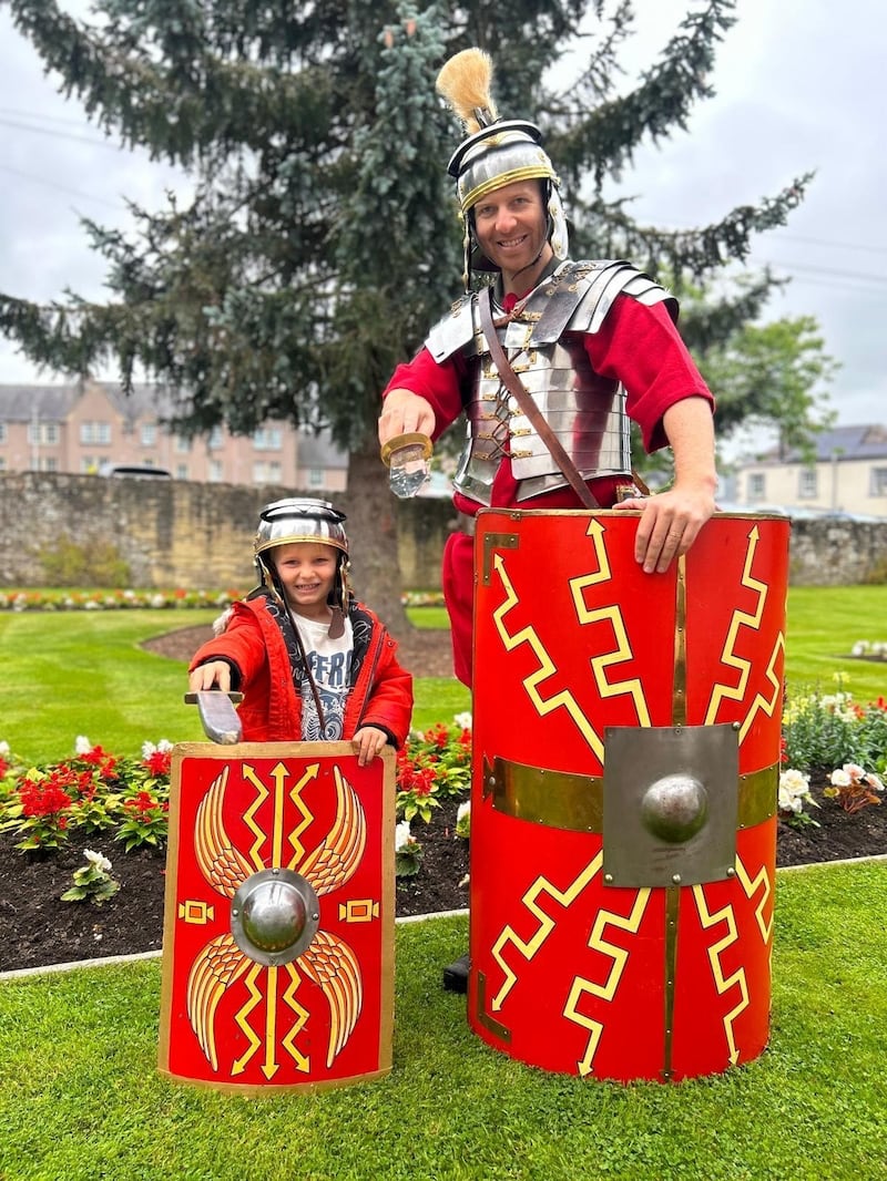 Jonathan Terry (right) with his son, Leo, dressed in replica Roman soldier gear (Jonathan Terry)