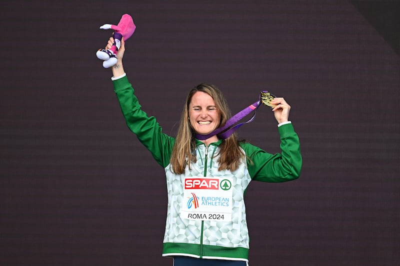 ROME, ITALY - JUNE 10: Gold medalist Ciara Mageean of Team Ireland celebrates on the podium during the medal ceremony for the Women’s 1500mon day four of the 26th European Athletics Championships - Rome 2024 at Stadio Olimpico on June 10, 2024 in Rome, Italy.  (Photo by Mattia Ozbot/Getty Images for European Athletics)