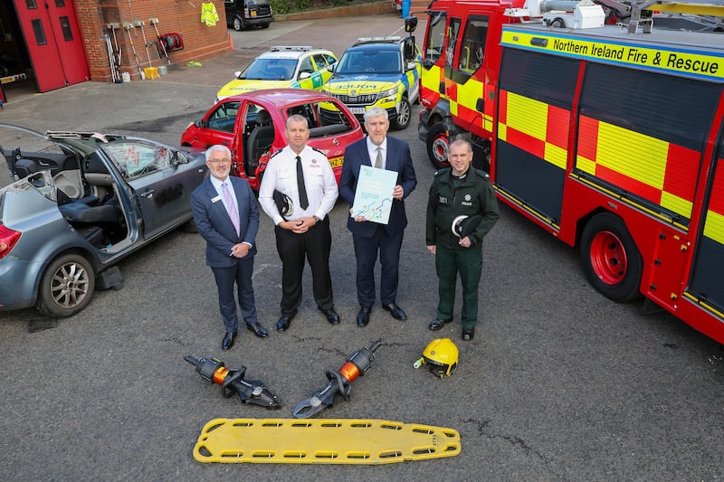 Infrastructure Minister John O’Dowd at the official launch of the Road Safety Strategy for Northern Ireland to 2030 at Crescent Fire Station, Derry. Included from left, are   Michael Bloomfield, chief executive, Northern Ireland Ambulance Service, Aidan Jennings, Chief Fire and Rescue Officer, and PSNI Superintendent Jonathan Wilson, Head of Public Order Public Safety Branch.