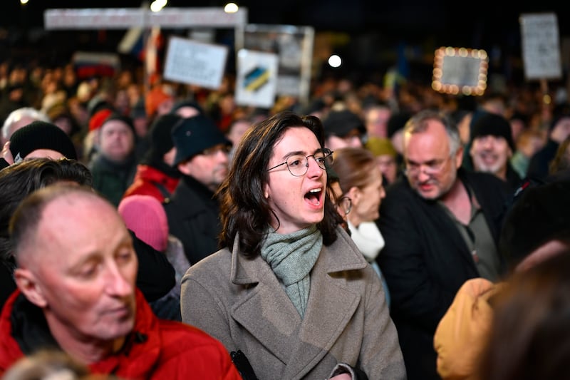 A protester shouts as thousands gather to oppose the policies of Slovakia’s Prime Minister Robert Fico in Bratislava, Slovakia (Denes Erdos/AP)