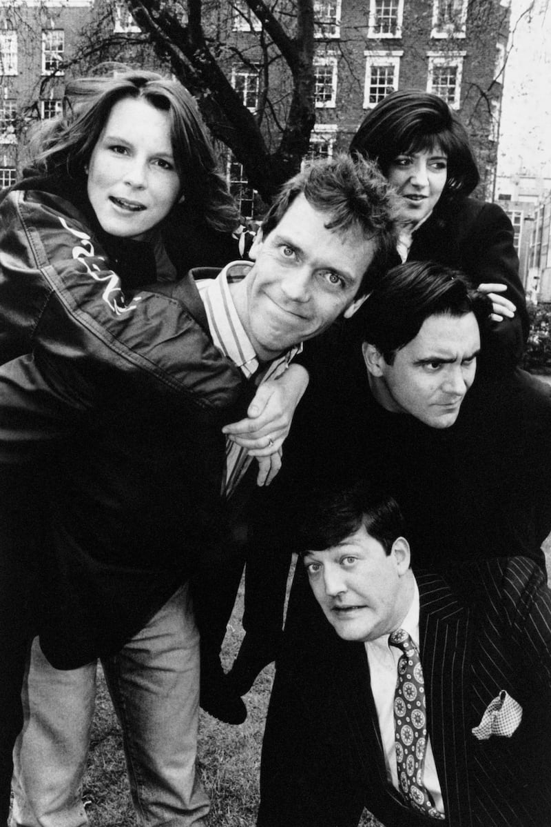 Comedian and founder of the Hysteria Trust, Sir Stephen Fry (bottom of pic) with Jennifer Saunders, Hugh Laurie, Emma Freud and Tony Slattery (on right).