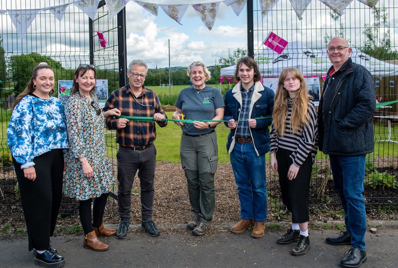Officially opening the new community wildlife garden at Bog Meadows Nature Reserve is Dawn Patterson, Ulster Wildlife’s Community Engagement Officer, plus garden volunteers (from left to right) Caoimhe Morgan-Burns, Cathy Fitzpatrick, Allen Gillespie, Ciaran Cush, Amber Jennings and Paul Reid.