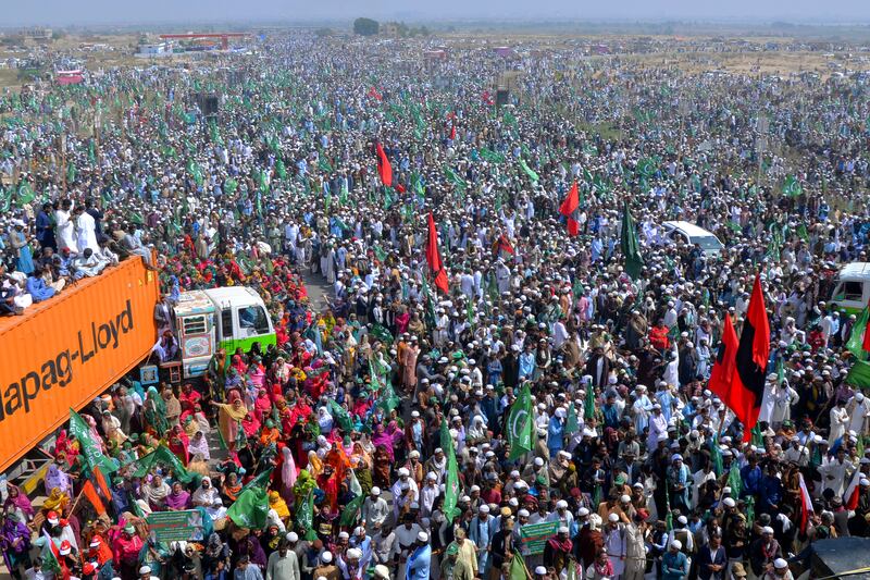 Supporters of the Grand Democratic Alliance attend a rally on the outskirts of Hyderabad, Pakistan (AP Photo/Pervez Masih)