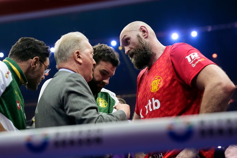 Tyson Fury with Frank Warren following the WBA, WBC, WBO, IBO World Heavyweight championship contest against Oleksandr Usyk at the Kingdom Arena in Riyadh, Saudi Arabia