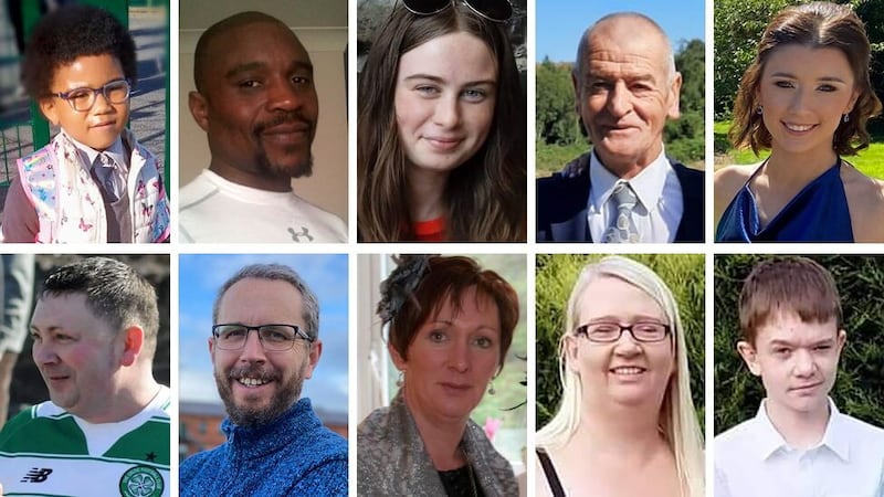 The victims of the Creeslough disaster were, top, from left: Shauna Flanagan Garwe, Robert Garwe, Leona Harper, Hugh Kelly, Jessica Gallagher. Bottom , from left: Martin McGill, James O'Flaherty, Martina Martin, Catherine O'Donnell, James Monaghan. 