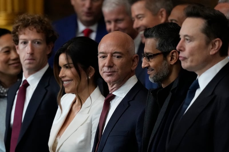 Guests including Mark Zuckerberg, Jeff Bezos, Sundar Pichai and Elon Musk in the Rotunda of the US Capitol in Washington (Julia Demaree Nikhinson, Pool/AP)