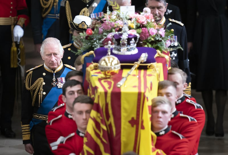 The King and members of the royal family following the Queen’s coffin at her funeral, 11 days after her death