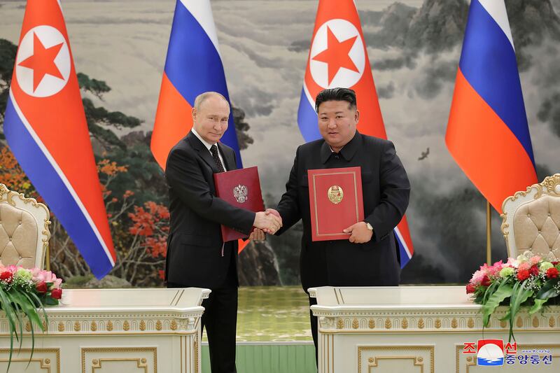 North Korean leader Kim Jong Un and Russian president Vladimir Putin shake hands (Korean Central News Agency/Korea News Service via AP)