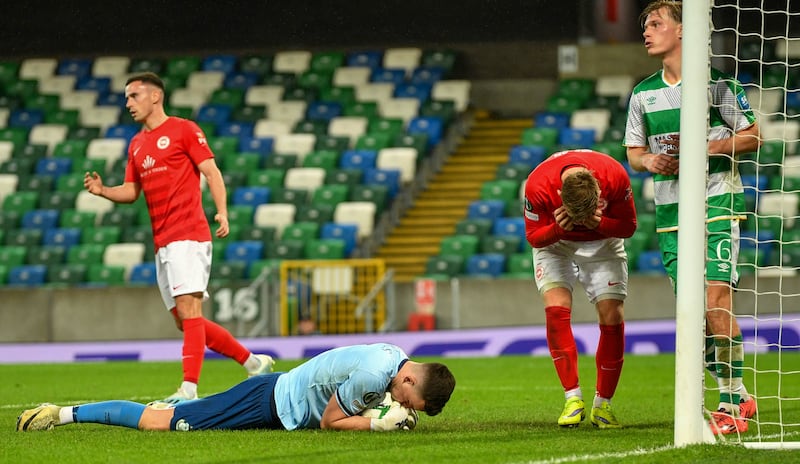 Sean Graham of Larne and Leon Pohls of Shamrock Rovers at Windsor Park