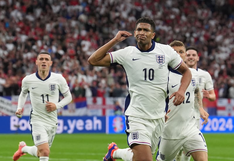 England’s Jude Bellingham celebrates scoring during the Euro 2024 Group C match against Serbia
