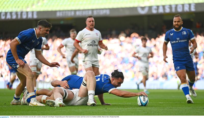 8 June 2024; James Lowe of Leinster scores his side's second try during the United Rugby Championship quarter-final match between Leinster and Ulster at the Aviva Stadium in Dublin. Photo by Harry Murphy/Sportsfile