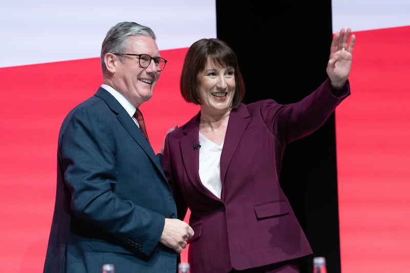 Prime Minister Keir Starmer congratulates Chancellor of the Exchequer Rachel Reeves after she addressed the Labour Party Conference in Liverpool