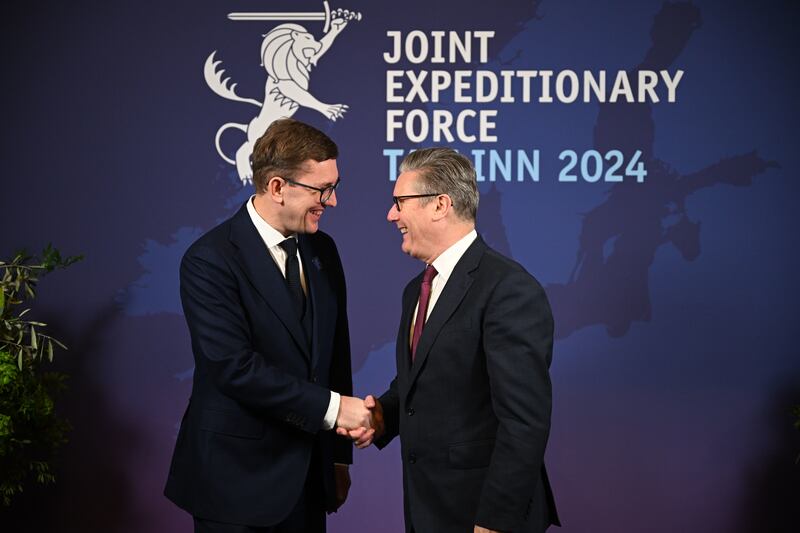 Prime Minister of Estonia Kristen Michal greets Sir Keir Starmer before talks in Tallinn, Estonia, on the second day of his two-day trip to Northern Europe