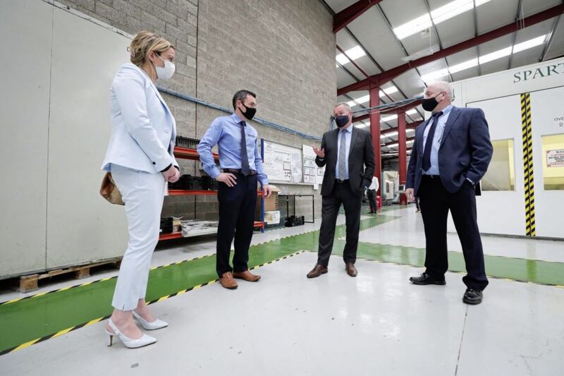 L-R: Mary Meehan, Manufacturing NI; Ronan Callan, Exact Group; Finance Minister, Conor Murphy; and Exact Group owner Stephen Cromie, at the Newry engineering facility. Picture by Kelvin Boyes. 