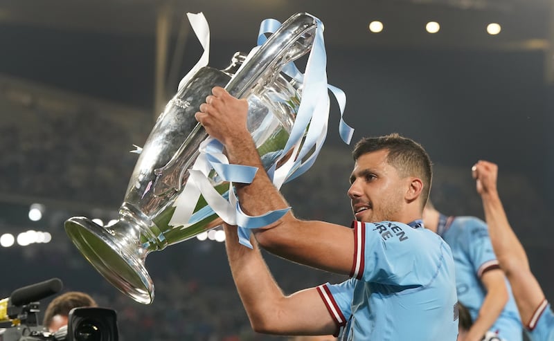 Rodri celebrates after his goal secured victory in the 2023 Champions League final against Inter Milan