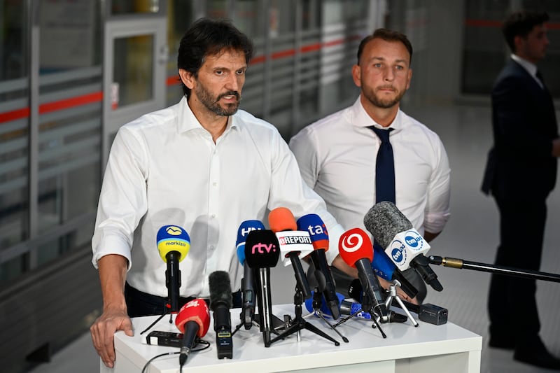 Deputy prime minister Tomas Taraba and the defence minister of Slovakia Robert Kalinak during a press conference at the hospital (Denes Erdos/AP)