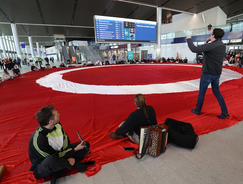 Irish Language protesters at the new Grand Central station about signage.
PICTURE COLM LENAGHAN