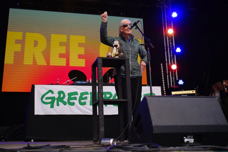 Dr Jane Goodall on the Greenpeace stage during the Glastonbury Festival